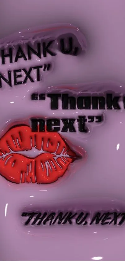 Stylish phone wallpaper with 'Thank U, Next' text and red lips on a purple background.