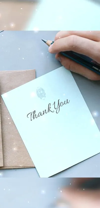 Pastel thank you card with handwritten text and envelope.