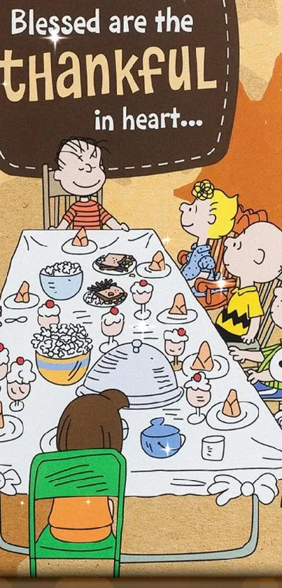 Cartoon characters celebrating Thanksgiving at dinner table.