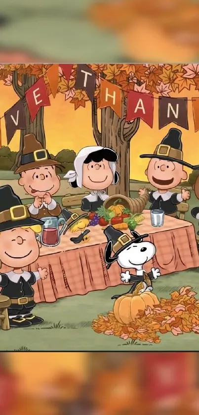 Peanuts characters celebrating Thanksgiving feast with autumn backdrop.