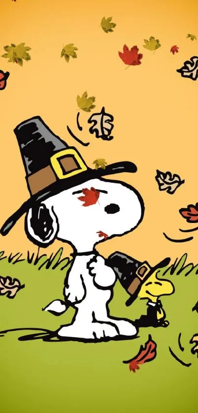 Snoopy in Thanksgiving attire with autumn leaves and orange gradient background.