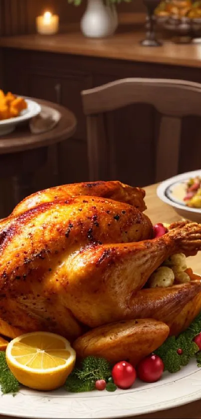 Golden roast turkey with festive table setting for Thanksgiving.