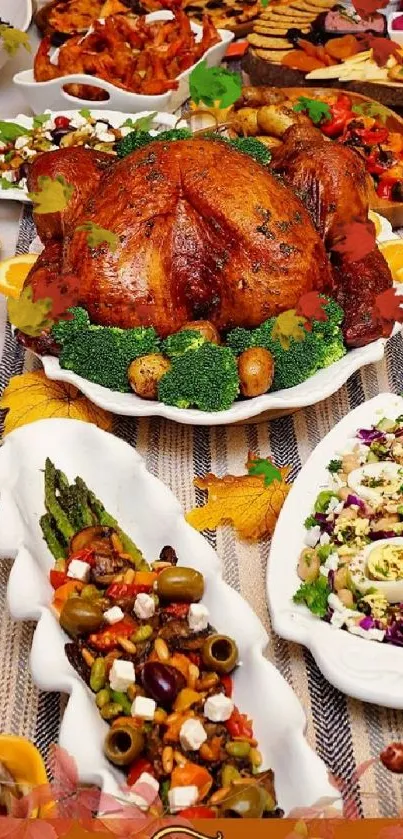 Thanksgiving feast wallpaper with roast turkey and holiday dishes.