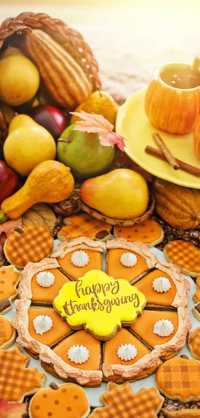 Thanksgiving harvest feast with autumn fruits, pumpkins, and festive cookies on display.