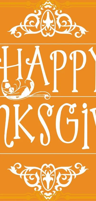 Orange Thanksgiving wallpaper with white decorative text and patterns.