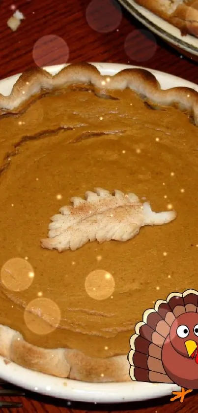 Pumpkin pie with decorative turkey for Thanksgiving on wooden table.