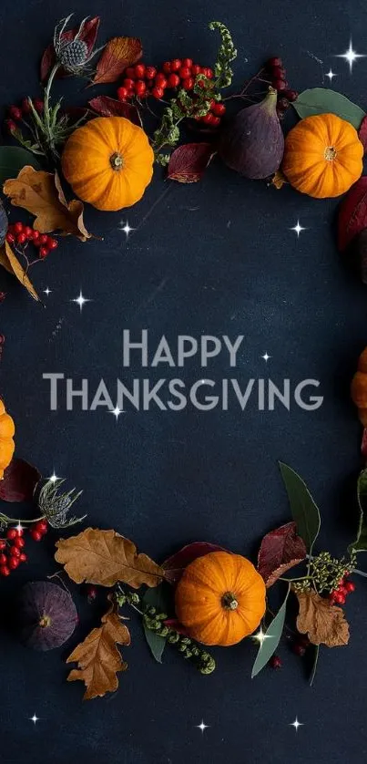 Thanksgiving pumpkin wreath on dark backdrop.