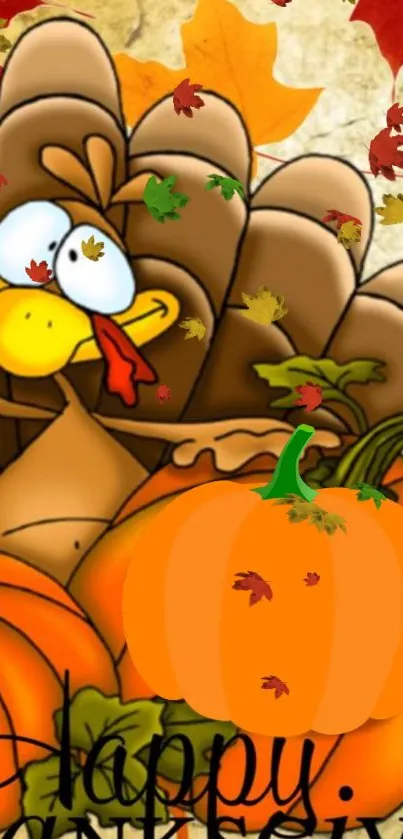 Thanksgiving turkey with pumpkins and leaves on wallpaper.