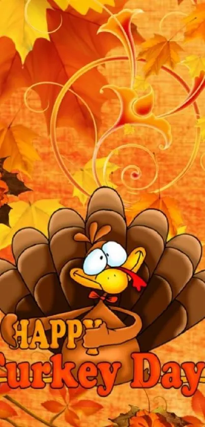 Thanksgiving mobile wallpaper with cartoon turkey and autumn leaves.