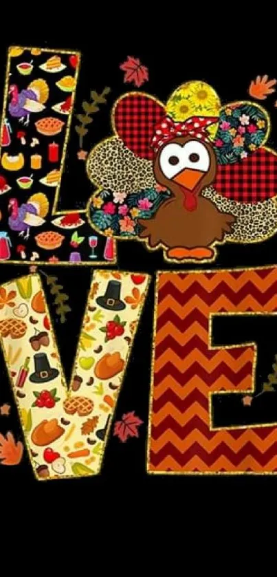 Colorful 'Love' text with turkey art and festive patterns on black background.