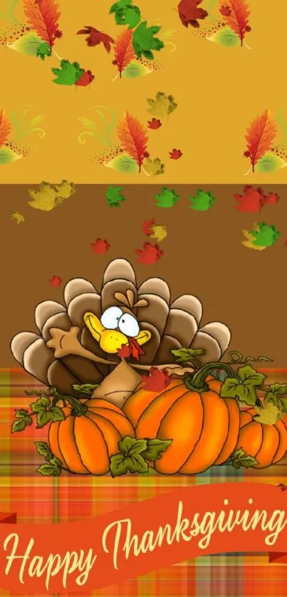 Thanksgiving turkey with pumpkins and plaid background.