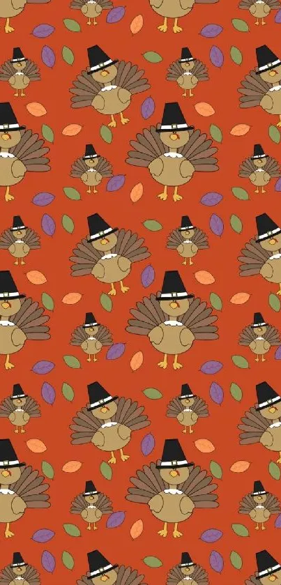 Thanksgiving turkey pattern with colorful leaves on orange background.