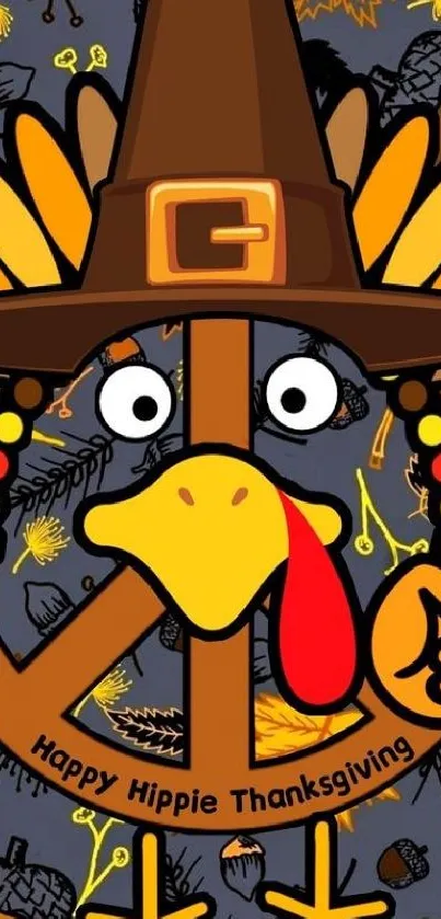 Cartoon turkey with a peace sign and Thanksgiving theme.