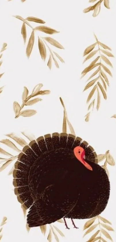 Festive wallpaper with turkey and autumn leaves on cream background.