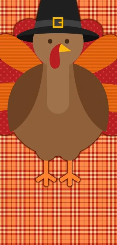 Cartoon turkey on plaid background wallpaper.