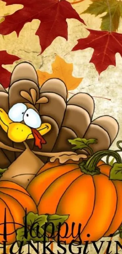 Cartoon turkey with pumpkins and leaves for Thanksgiving.