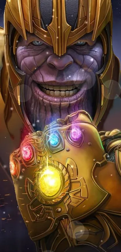 Thanos art with Infinity Gauntlet glowing in gold.