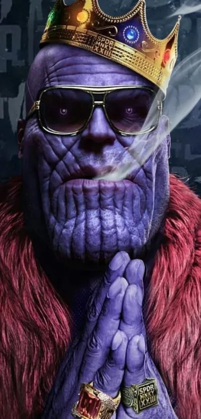 Thanos wearing a crown and sunglasses in a stylish art wallpaper.