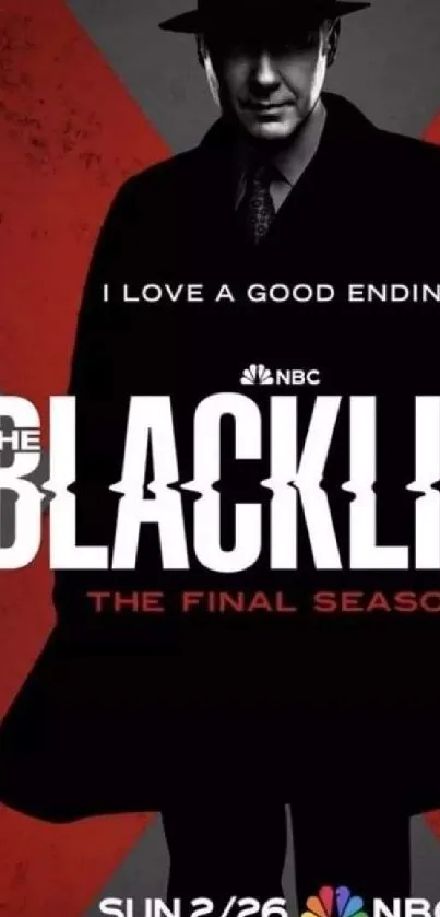 The Blacklist final season mobile wallpaper in red and black hues.
