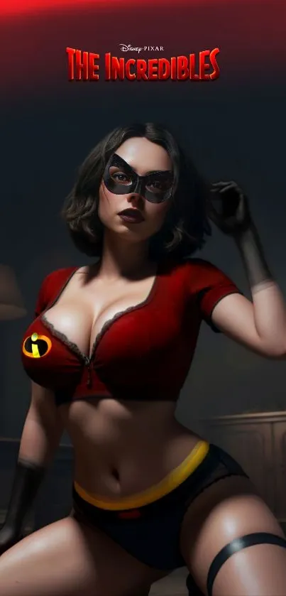 The Incredibles mobile wallpaper with heroine in red costume and mask.