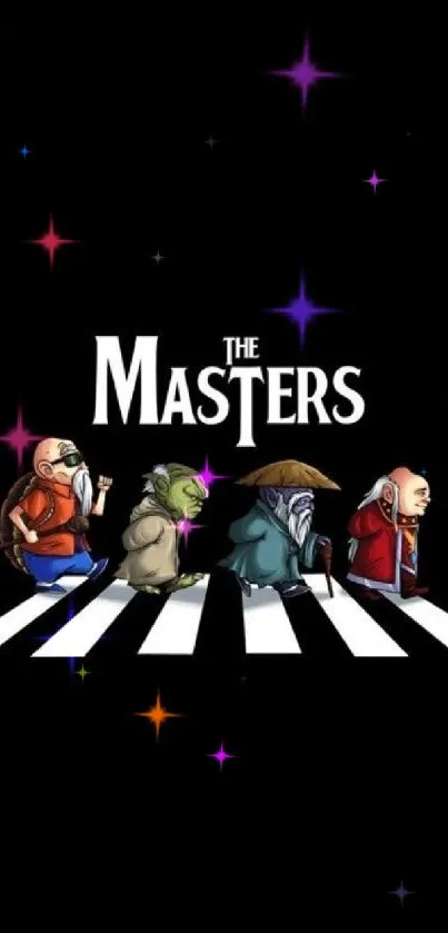 Cartoon parody of characters crossing a street, titled The Masters.