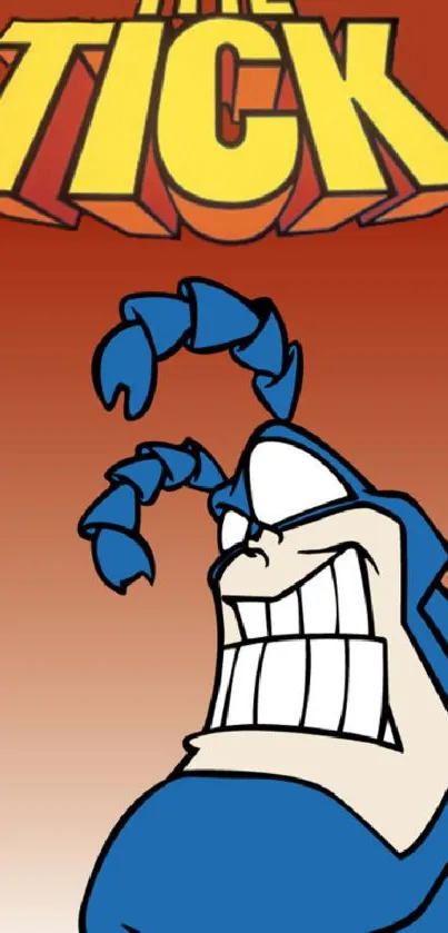 The Tick cartoon character with red background.