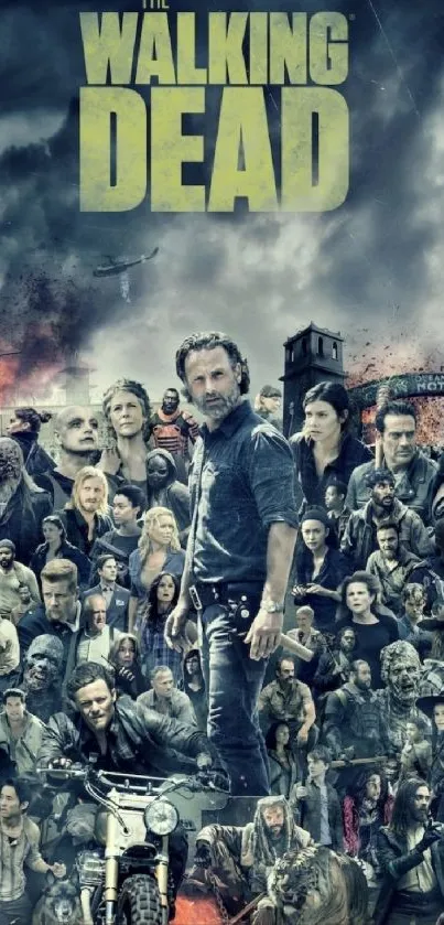 The Walking Dead characters gathered in a dramatic scene.