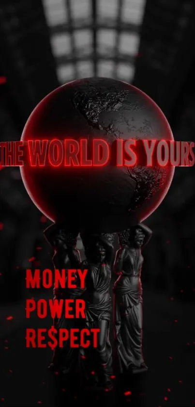 Dark theme wallpaper with globe and red text 'The World Is Yours.'