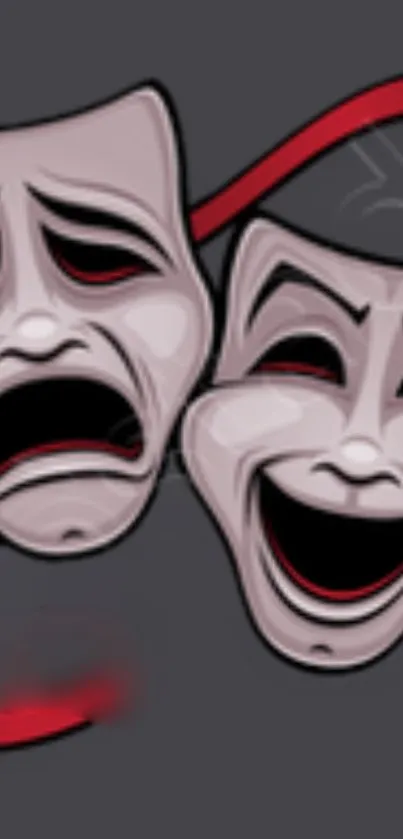 Theatrical comedy and tragedy masks against a dark background.