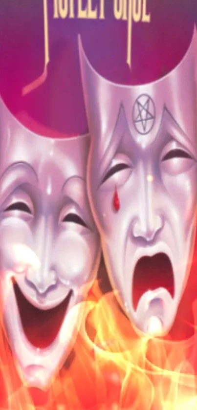 Two theatrical masks with flames on a red backdrop.