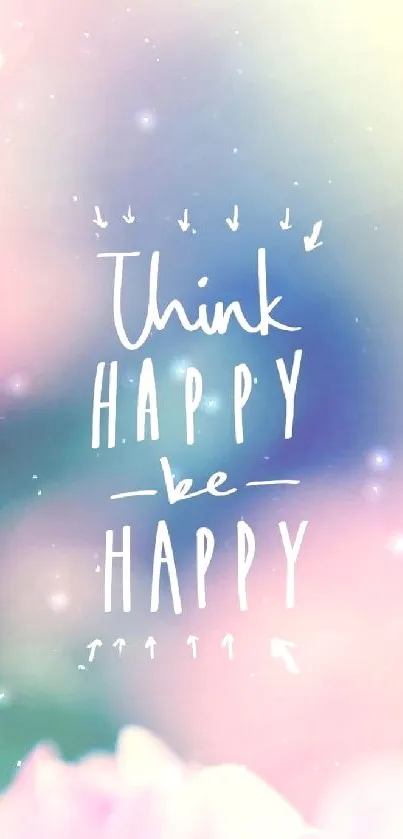 Inspirational wallpaper with 'Think Happy, Be Happy' text on a colorful background.