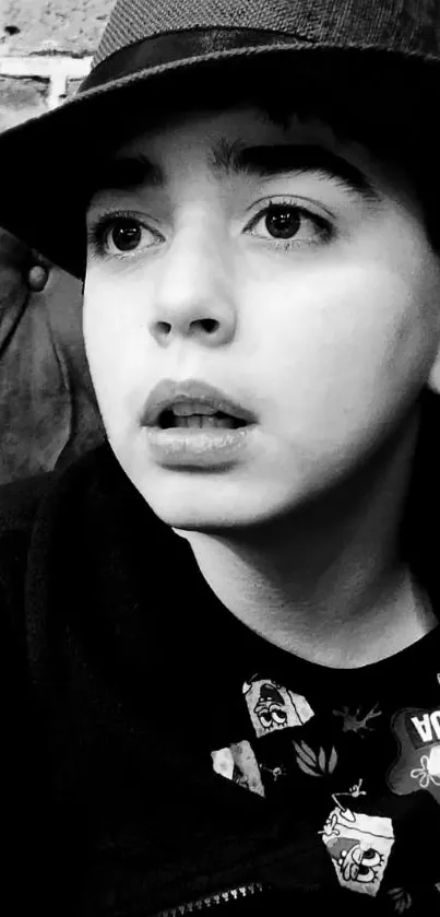 Black and white portrait of a thoughtful young boy wearing a hat.