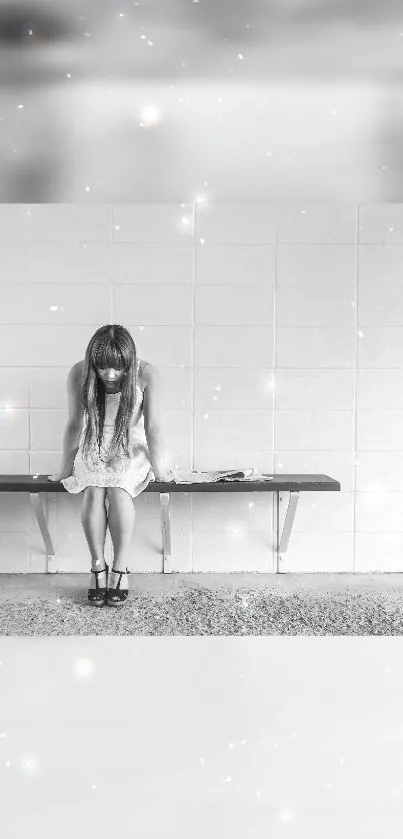 Black and white image of a person sitting on a bench.