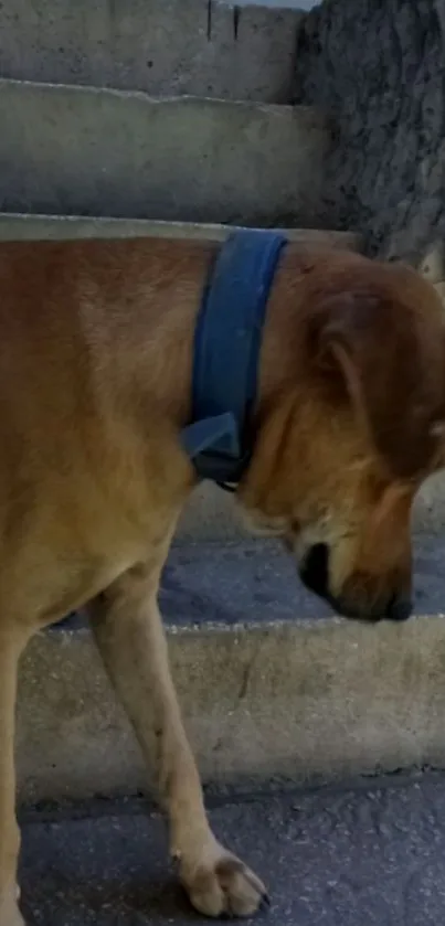 Thoughtful brown dog with blue collar on stone steps, outdoor scene.