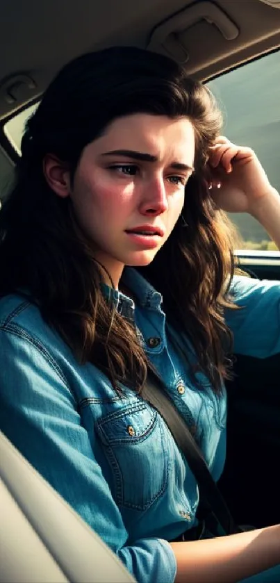 Woman in blue shirt driving car, looking thoughtful.