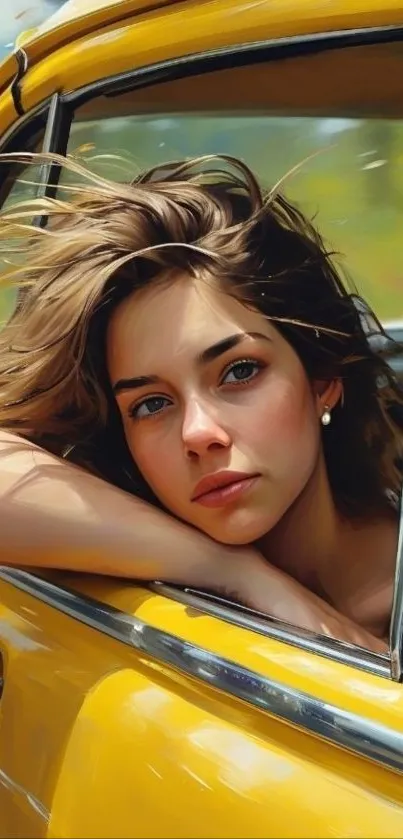 Woman gazing outside from a yellow car in a serene setting.
