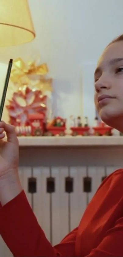 Girl in red dress holding pencil, thoughtful and contemplative.