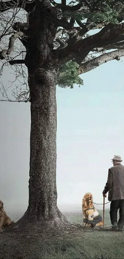 A split scene with a tree, man, dogs, and a gravestone on phone wallpaper.