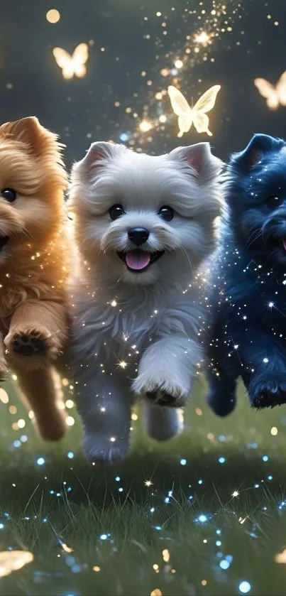 Three puppies in a magical scene with glowing butterflies in vibrant colors.