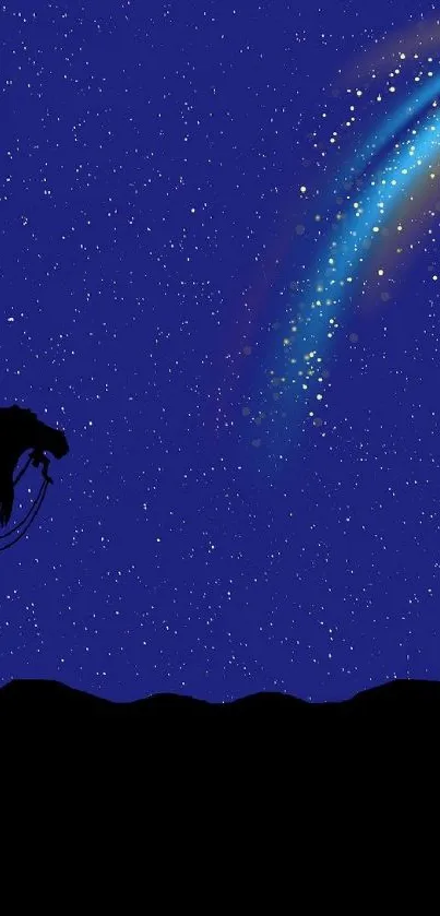 Three wise men silhouette against a starry night sky with a bright shooting star.