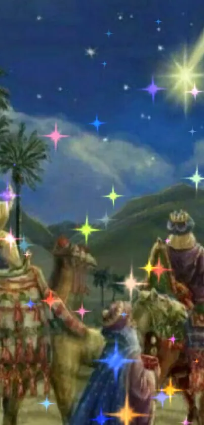 Three Wise Men under night sky with star on camels in desert landscape.