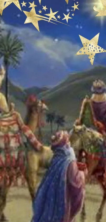 Three wise men on camels under a starlit sky.