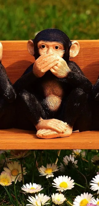 Three wise monkeys on a bench in a daisy field wallpaper.