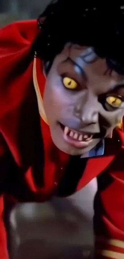 Thriller-inspired figure with yellow eyes in red costume