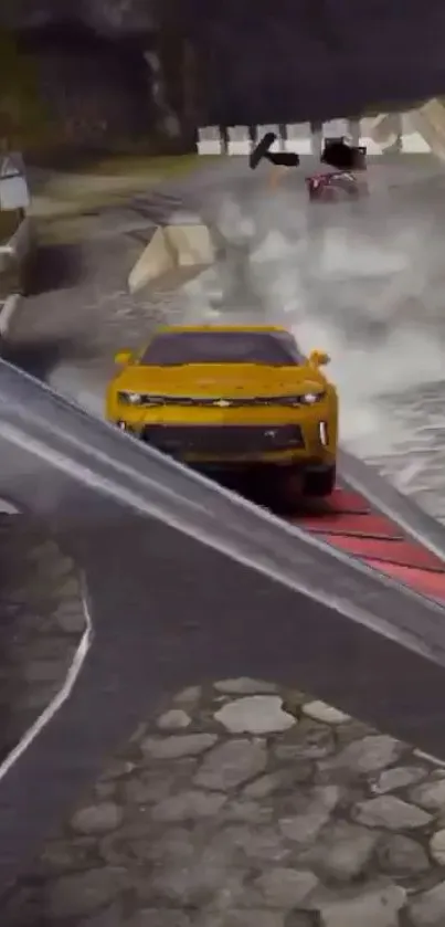 Yellow sports car racing on a cobblestone track with smoke.