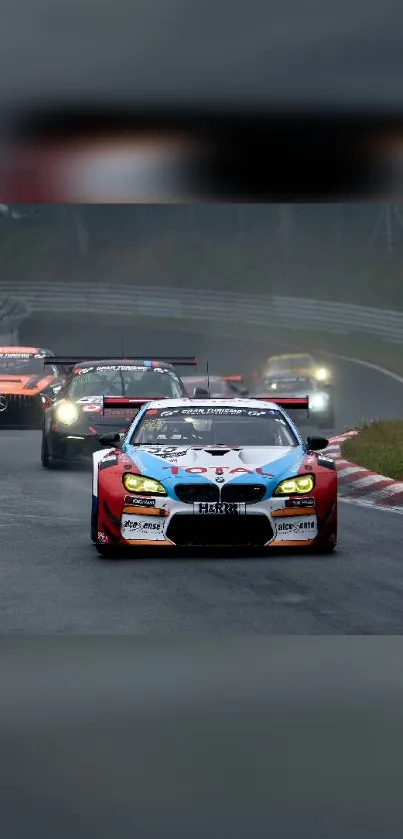 Exciting car race on a wet track with colorful sports cars in action.