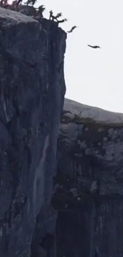 Cliff diver leaps from tall rocky cliff.