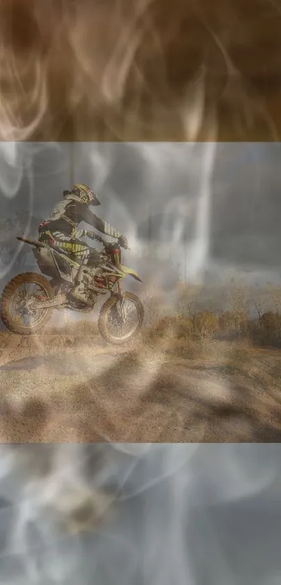 Dirt bike jumps through a smoky, rugged terrain in an adventurous outdoor setting.