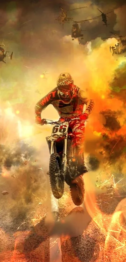 Motocross rider amidst fiery explosions and helicopters in dynamic action scene.