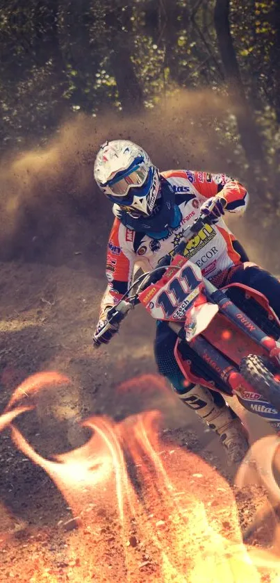 Dirt bike racing through a fiery forest trail.